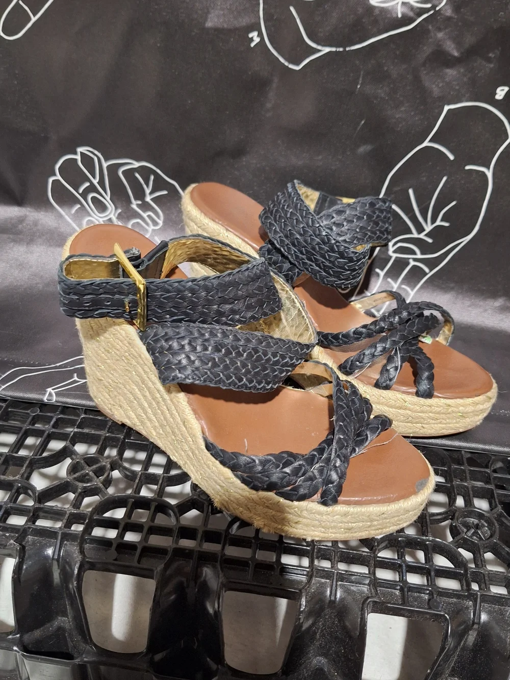Woven Espadrille Wedge Sandals - Black